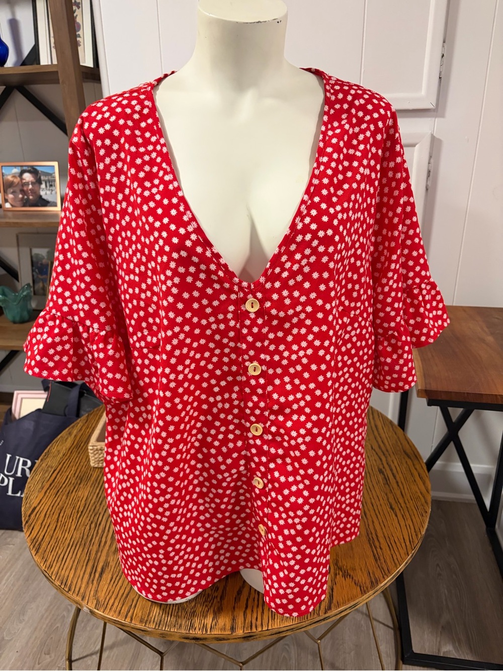 Red Daisy Print Blouse 2XL Floral Button Front Top